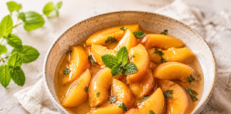 Pêches au sirop au Monbazillac et à la menthe