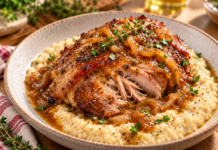 Rouelle de porc confite miel-moutarde, gourmand de quinoa, boulgour et perles au parmesan