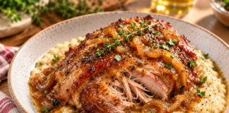 Rouelle de porc confite miel-moutarde, gourmand de quinoa, boulgour et perles au parmesan